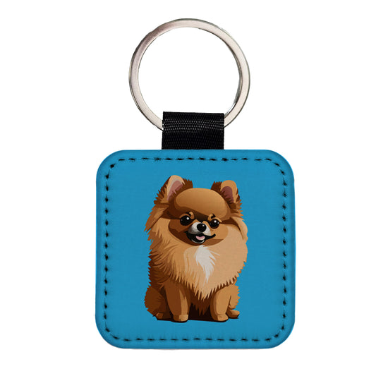 Pomeranian Dog Sitting Square Faux Leather Keychain