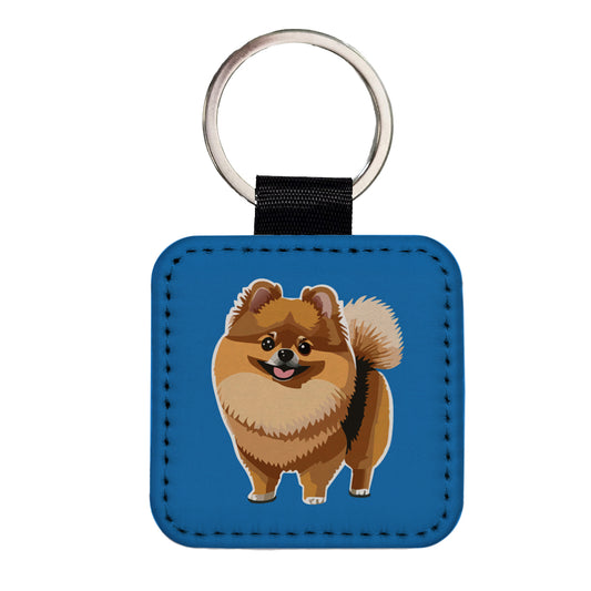 Pomeranian Dog Standing Square Faux Leather Keychain