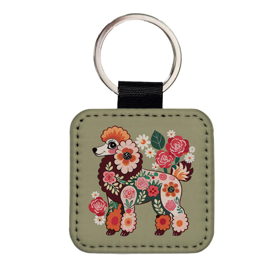 Poodle Dog Floral Motif Square Faux Leather Keychain