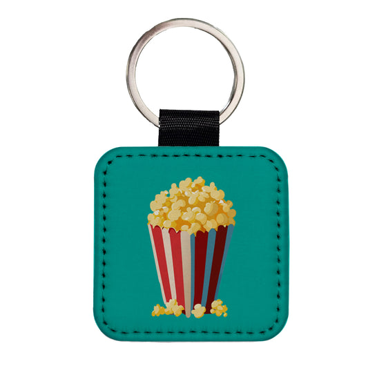 Popcorn Red White Striped Container Square Faux Leather Keychain