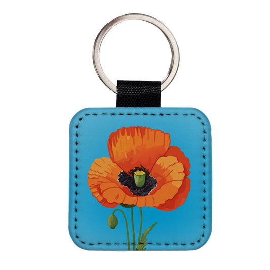 Poppy Flower Orange Square Faux Leather Keychain