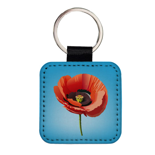 Poppy Flower Red Square Faux Leather Keychain