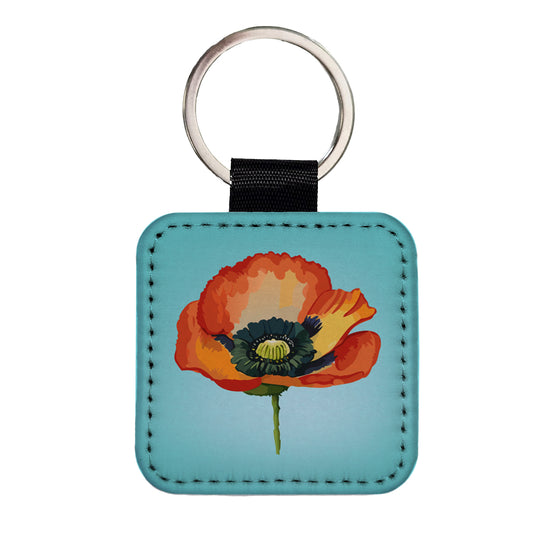 Poppy Icelandic Orange Flower Watercolor Square Faux Leather Keychain