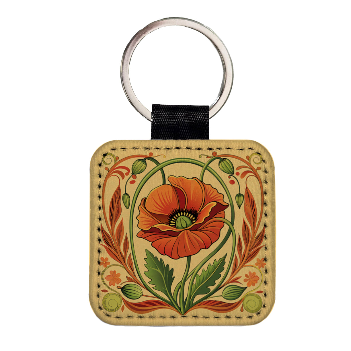 Poppy Poppies Floral Art Nouveau Flowers Elegant Square Faux Leather Keychain