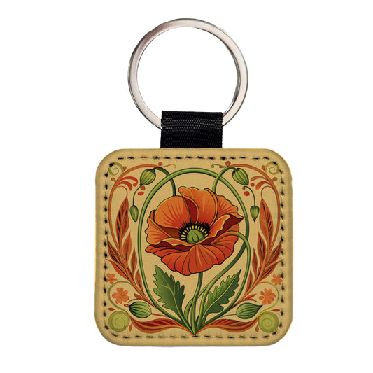 Poppy Poppies Floral Art Nouveau Flowers Elegant Square Faux Leather Keychain