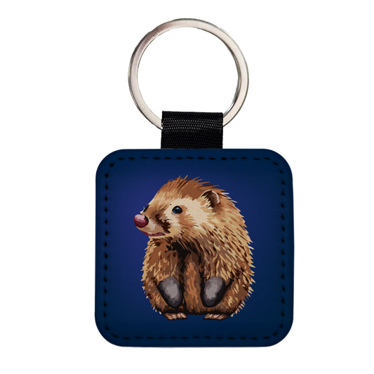 Porcupine Cute Square Faux Leather Keychain