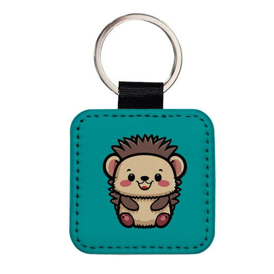 Porcupine Smiling Baby Square Faux Leather Keychain