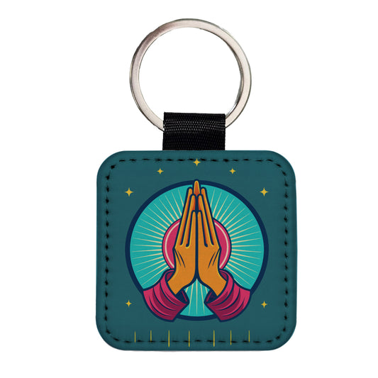Prayer Praying Pleading Hands Christian Religion Square Faux Leather Keychain
