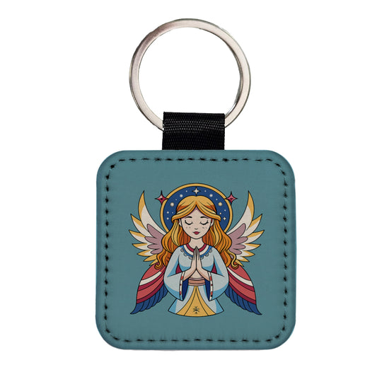 Praying Angel Christian Inspirational Prayer Square Faux Leather Keychain