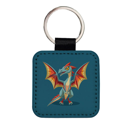 Pterodactyl Dinosaur Square Faux Leather Keychain