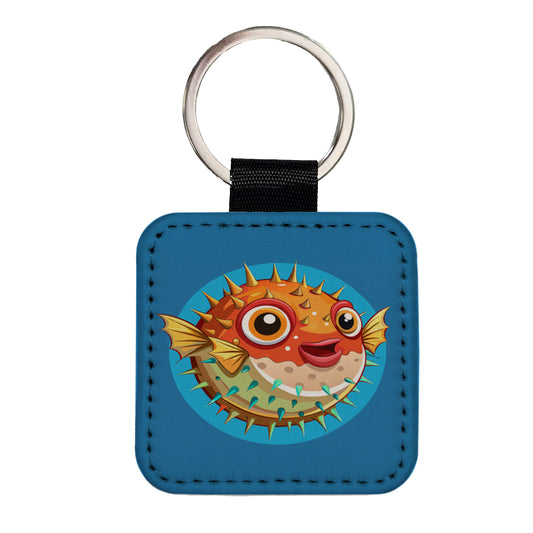 Pufferfish Cute Square Faux Leather Keychain