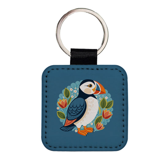 Puffin Bird Floral Flowers Square Faux Leather Keychain