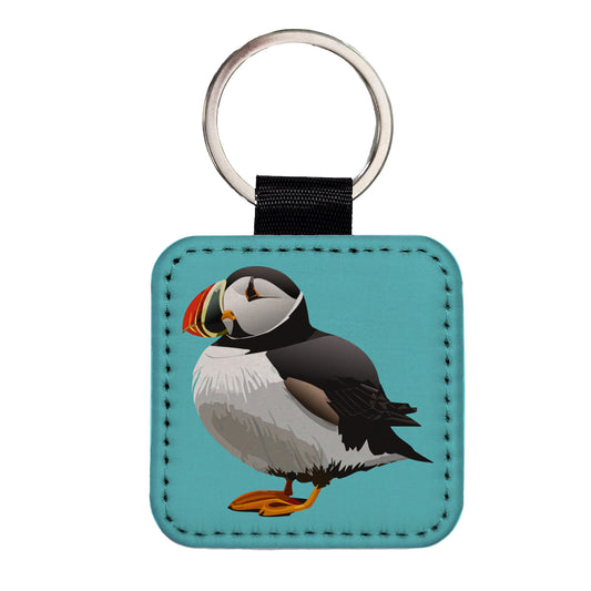 Puffin Seabird Bird Square Faux Leather Keychain