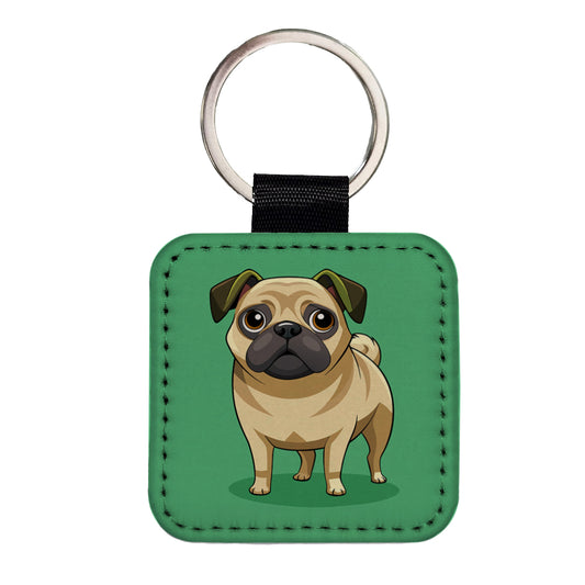 Pug Cute Standing Square Faux Leather Keychain