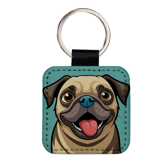 Pug Cute Sticking out Tongue Square Faux Leather Keychain