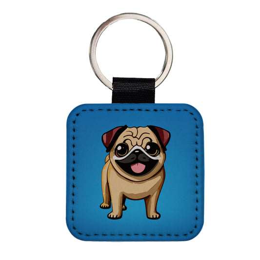 Pug Smiling Standing Square Faux Leather Keychain