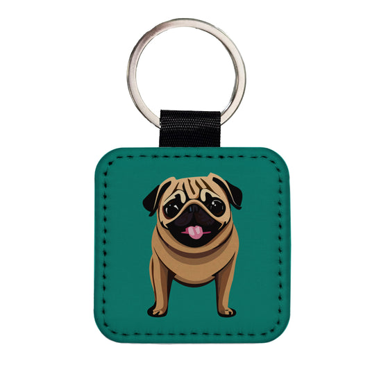 Pug Sticking Out Tongue Dog Square Faux Leather Keychain