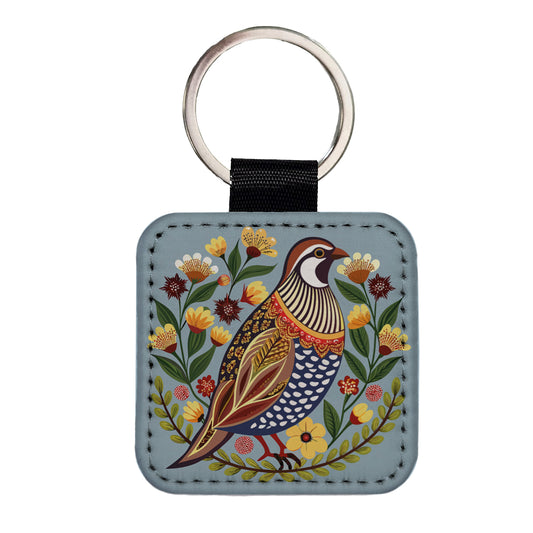Quail Bird Floral Flowers Square Faux Leather Keychain
