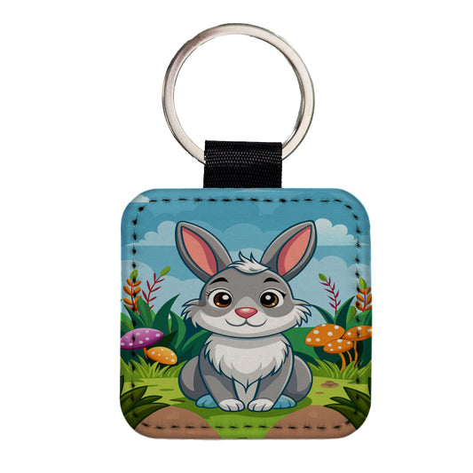 Rabbit Bunny Cute with Toadstools Mushrooms Square Faux Leather Keychain