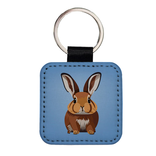 Rabbit Bunny Sweet Woodland Animal Square Faux Leather Keychain