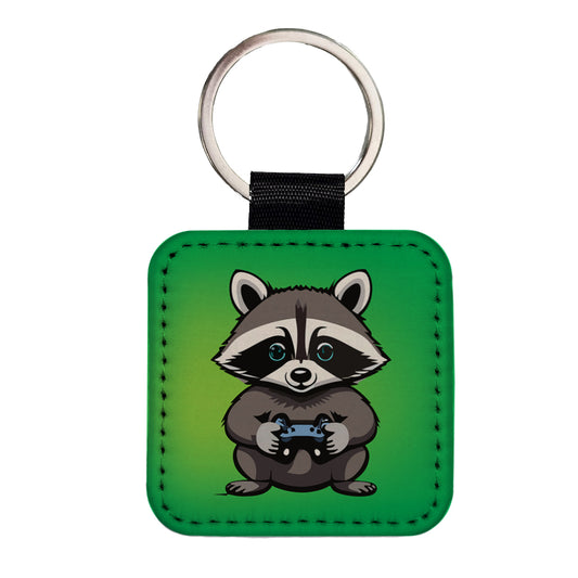 Raccoon Gamer Gaming Playing Game Square Faux Leather Keychain