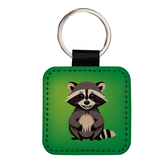 Raccoon Happy Square Faux Leather Keychain