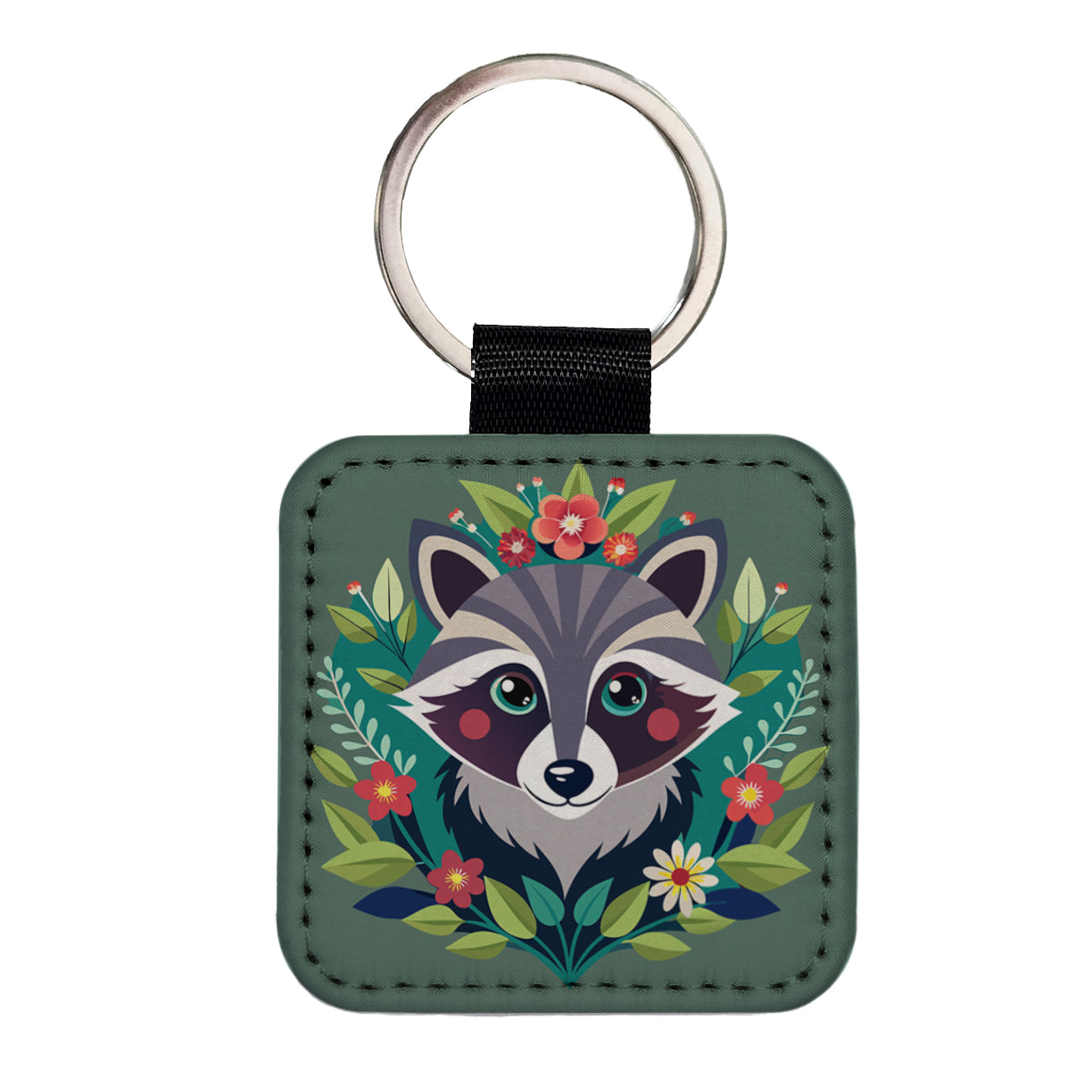 Raccoon in Floral Wreath Square Faux Leather Keychain