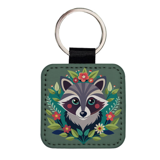 Raccoon in Floral Wreath Square Faux Leather Keychain