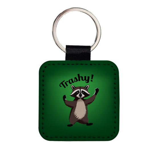 Raccoon Trashy Funny Square Faux Leather Keychain