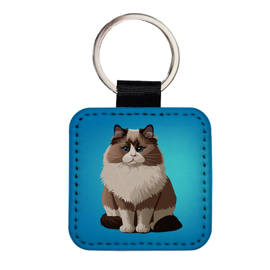 Ragdoll Cat Sitting Square Faux Leather Keychain