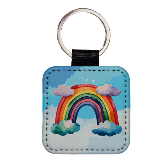 Rainbow and Clouds Watercolor Square Faux Leather Keychain