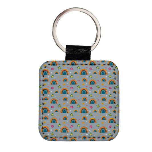 Rainbows and Stars Pattern Square Faux Leather Keychain