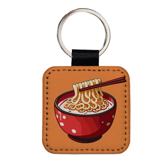 Ramen Red Bowl Chopsticks Food Square Faux Leather Keychain