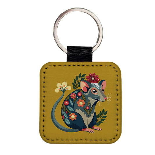 Rat Floral Flowers Square Faux Leather Keychain