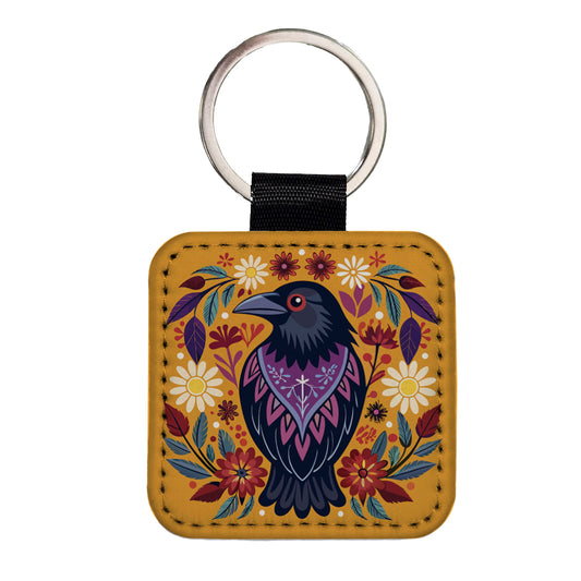 Raven Bird Floral Flowers Square Faux Leather Keychain