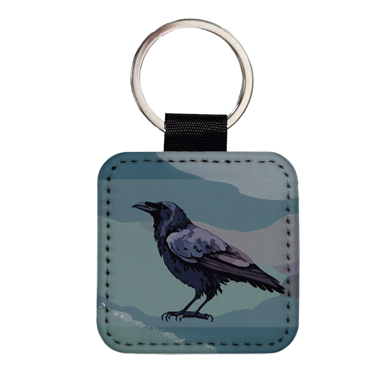 Raven Profile Bird Watercolor Square Faux Leather Keychain