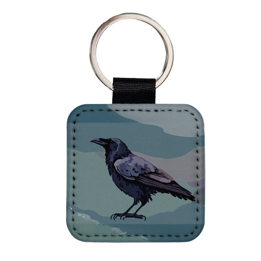 Raven Profile Bird Watercolor Square Faux Leather Keychain