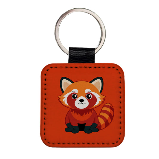 Red Panda Cute Square Faux Leather Keychain