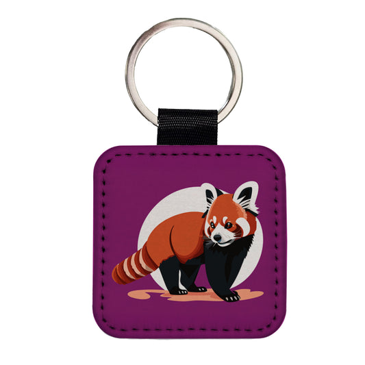 Red Panda Standing Square Faux Leather Keychain