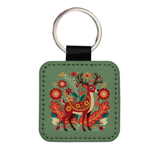 Reindeer Floral Flowers Square Faux Leather Keychain