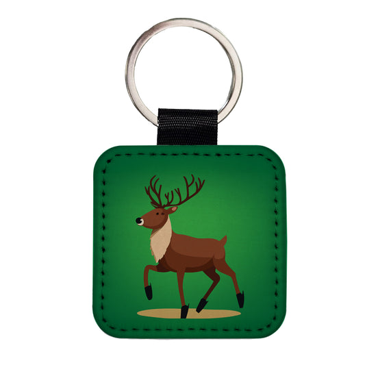 Reindeer Prancing Christmas Square Faux Leather Keychain