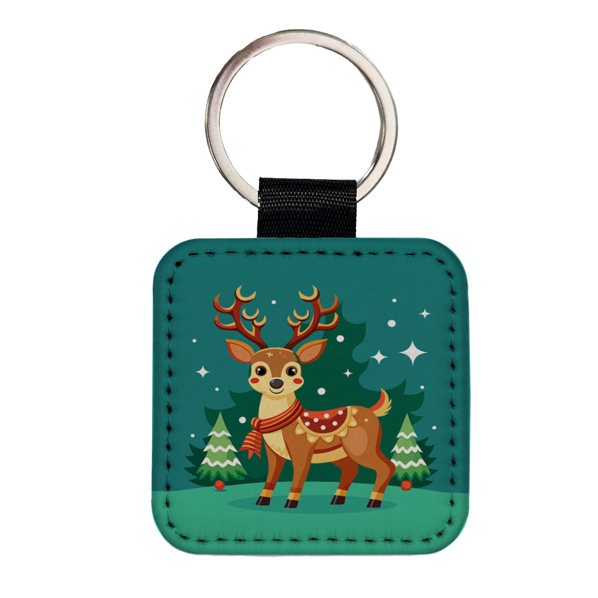 Reindeer Wearing Scarf Christmas Cute Square Faux Leather Keychain