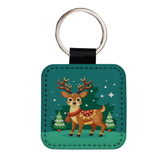 Reindeer Wearing Scarf Christmas Cute Square Faux Leather Keychain