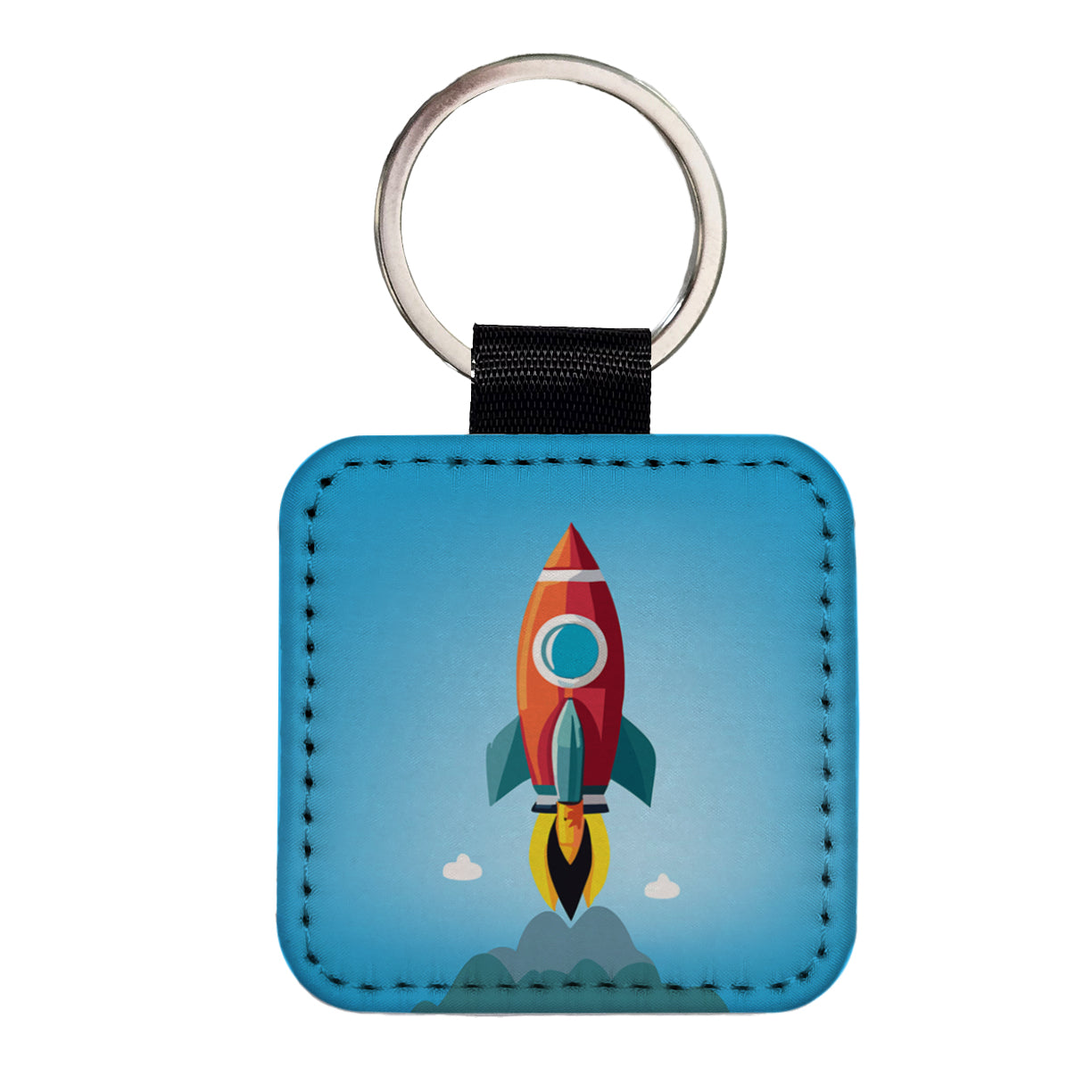 Rocket Ship Blasting Off Square Faux Leather Keychain