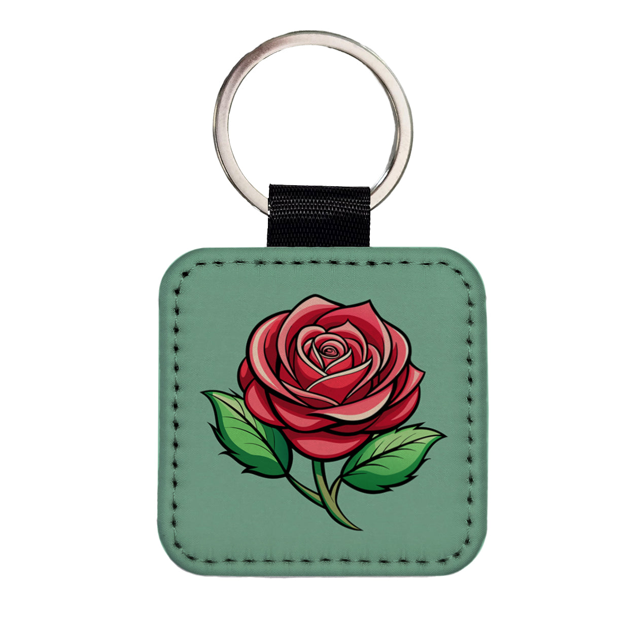 Rose Flower Bud Red Square Faux Leather Keychain