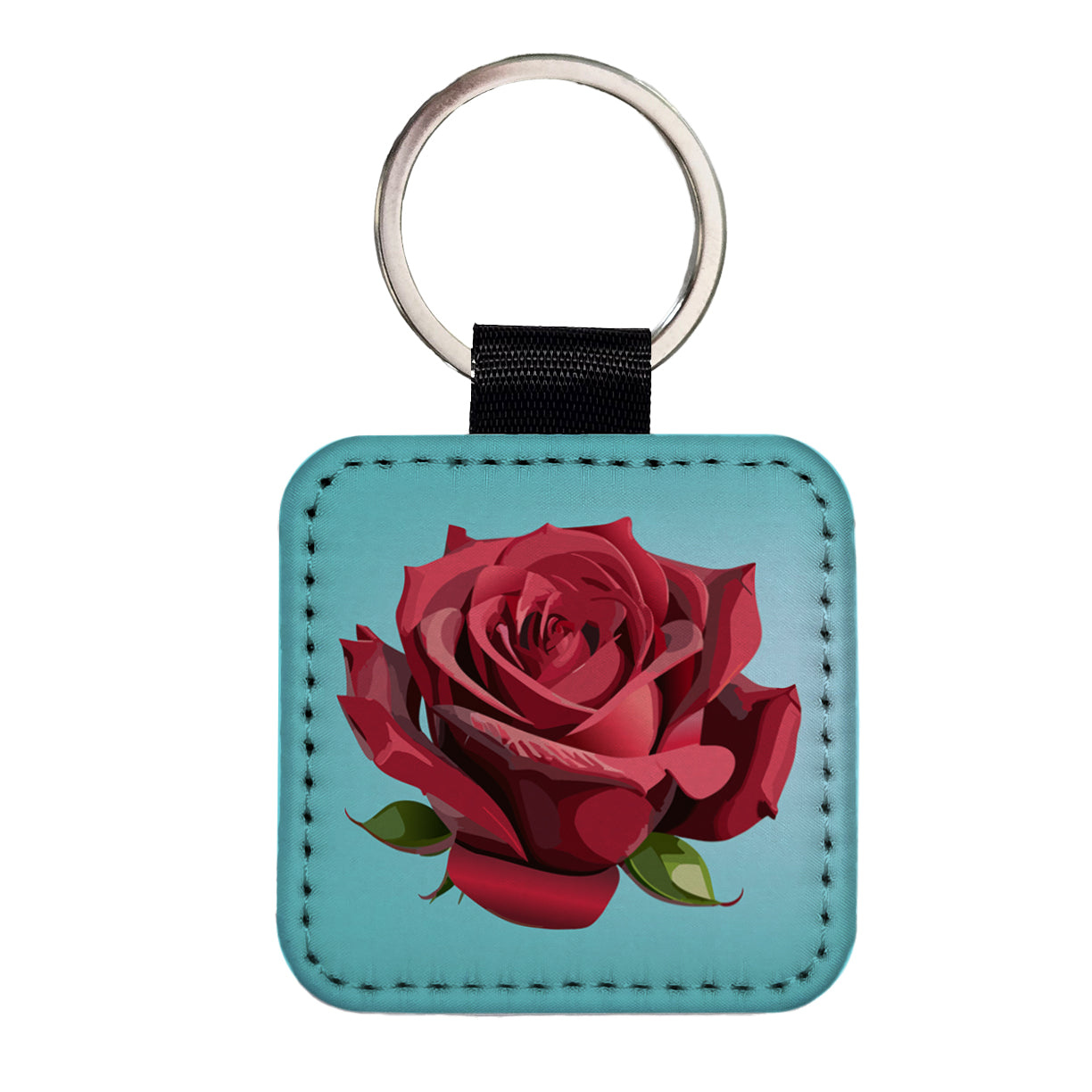 Rose Red Flower Square Faux Leather Keychain