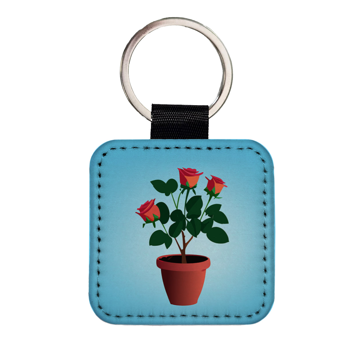 Rose Roses Bush in Pot Square Faux Leather Keychain