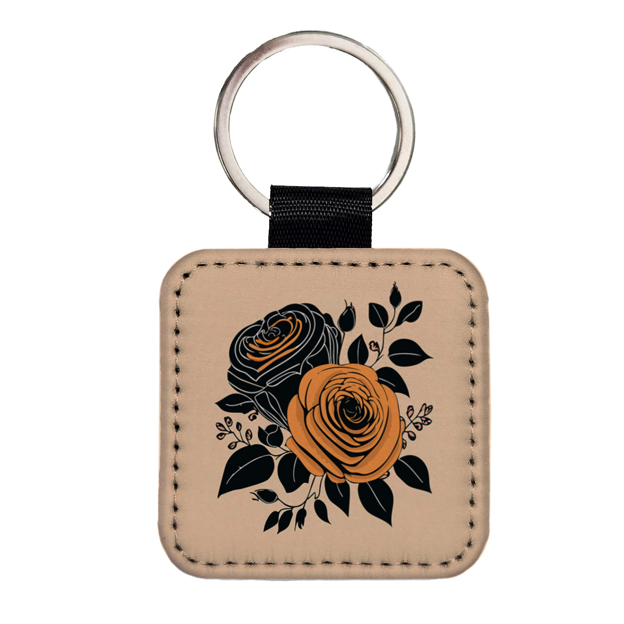 Roses Black Orange Fall Autumn Thanksgiving Halloween Motif Square Faux Leather Keychain