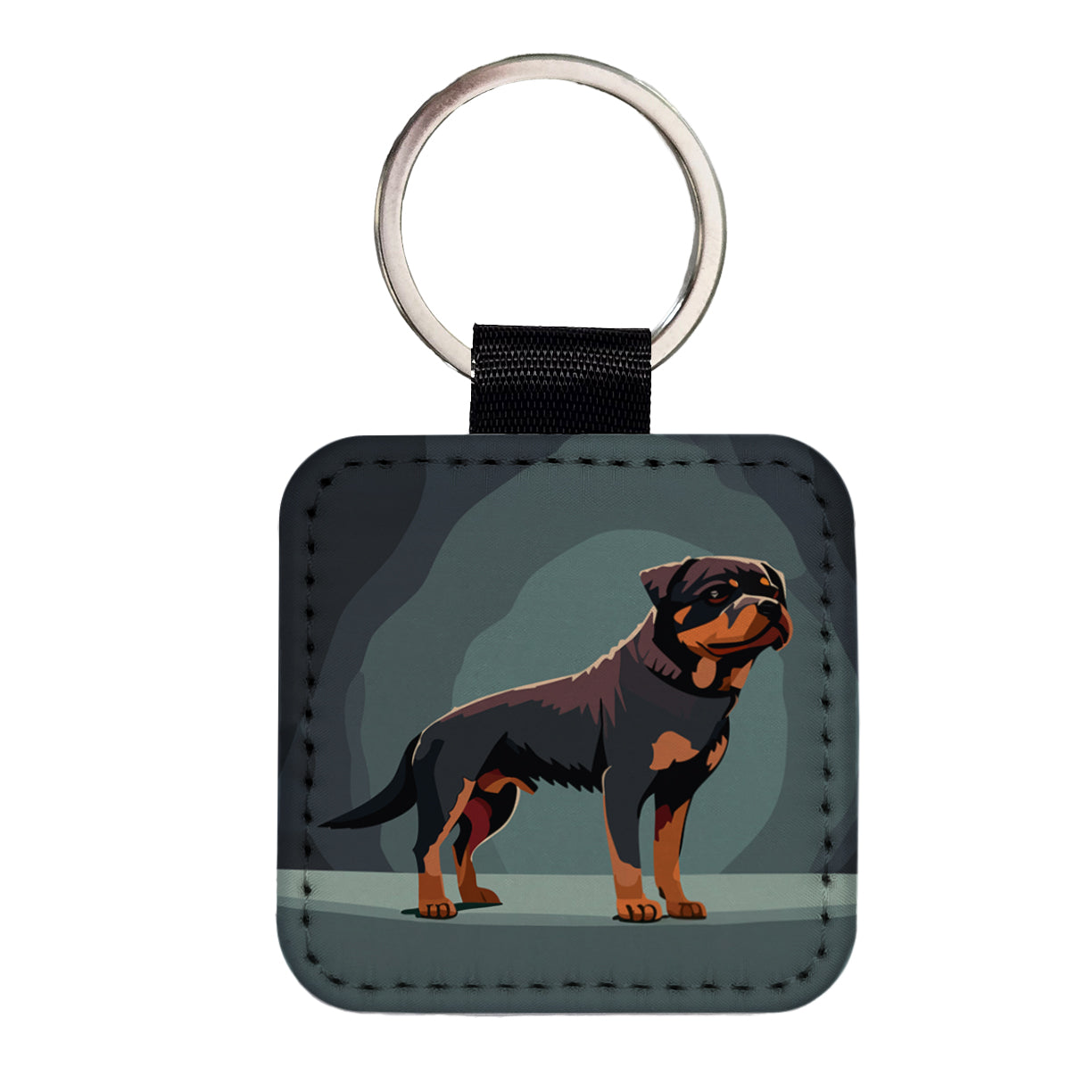 Rottweiler Dog Standing Square Faux Leather Keychain