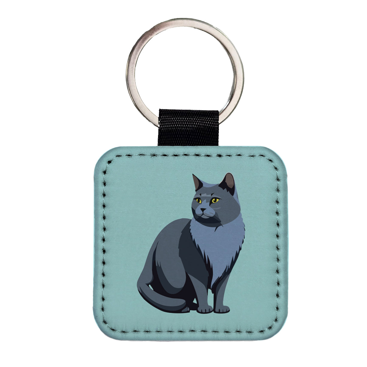Russian Blue Cat Sitting Square Faux Leather Keychain